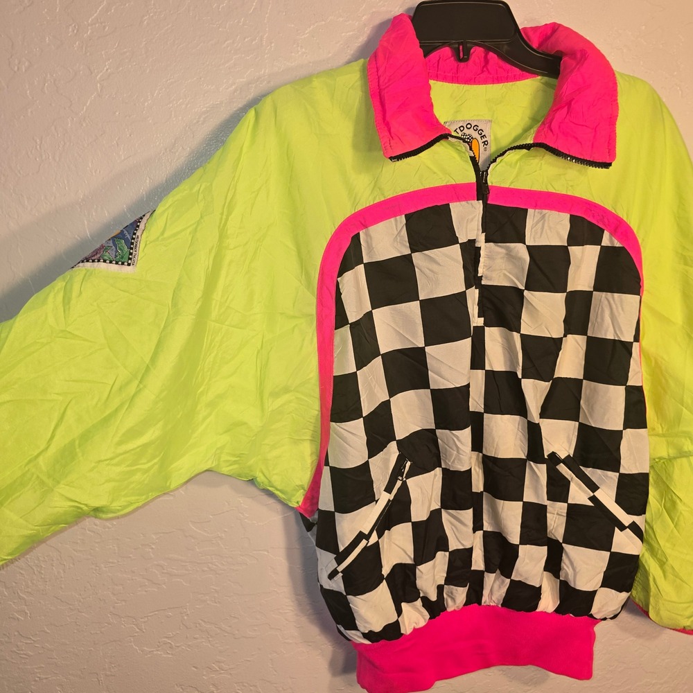 Hotdogger USA Windbreaker Small Neon Green Pink Checkered Retro 90s Jacket - Picture 2 of 11